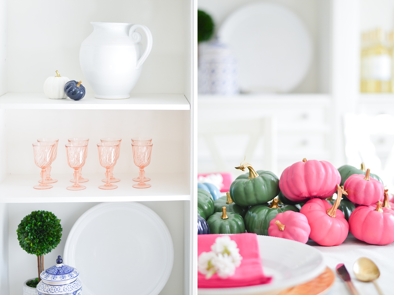 Dining Room Shelves_Fall Table Decor_Pink Pumpkins 