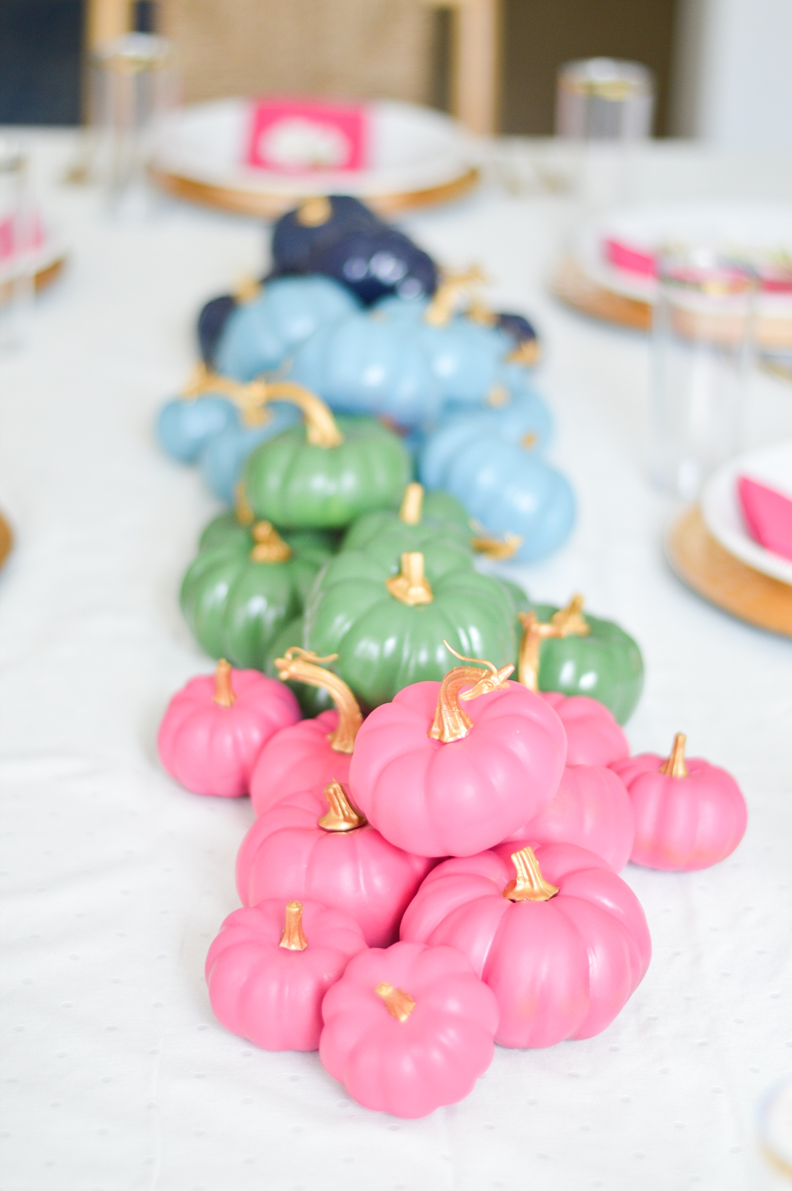 Colorful Painted Pumpkins_Fall Dining Table Decor in Pink, Gold, Navy and Green