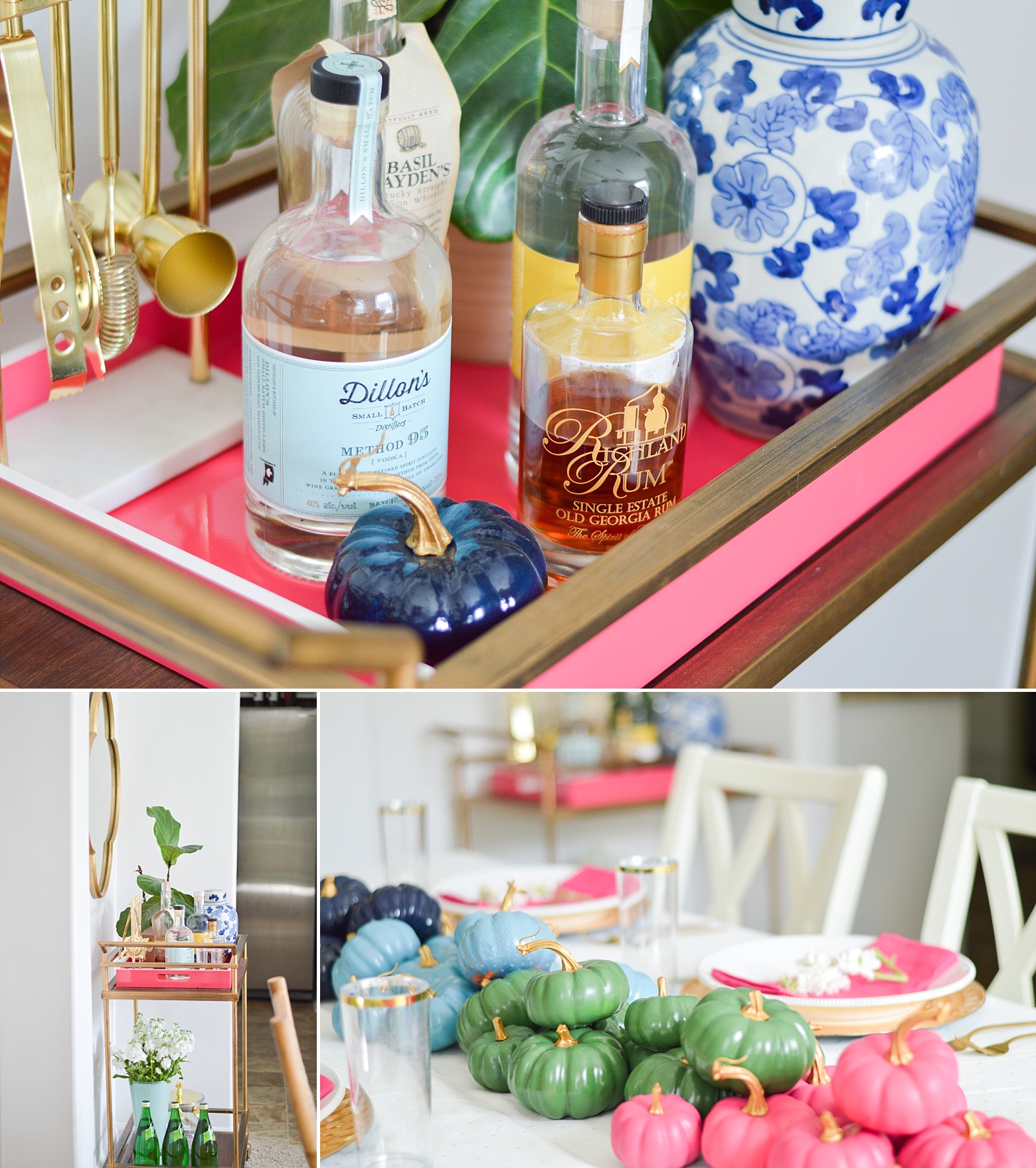 Colorful Bar Cart_Pink, Navy, and Green Fall Dining Room Decor 