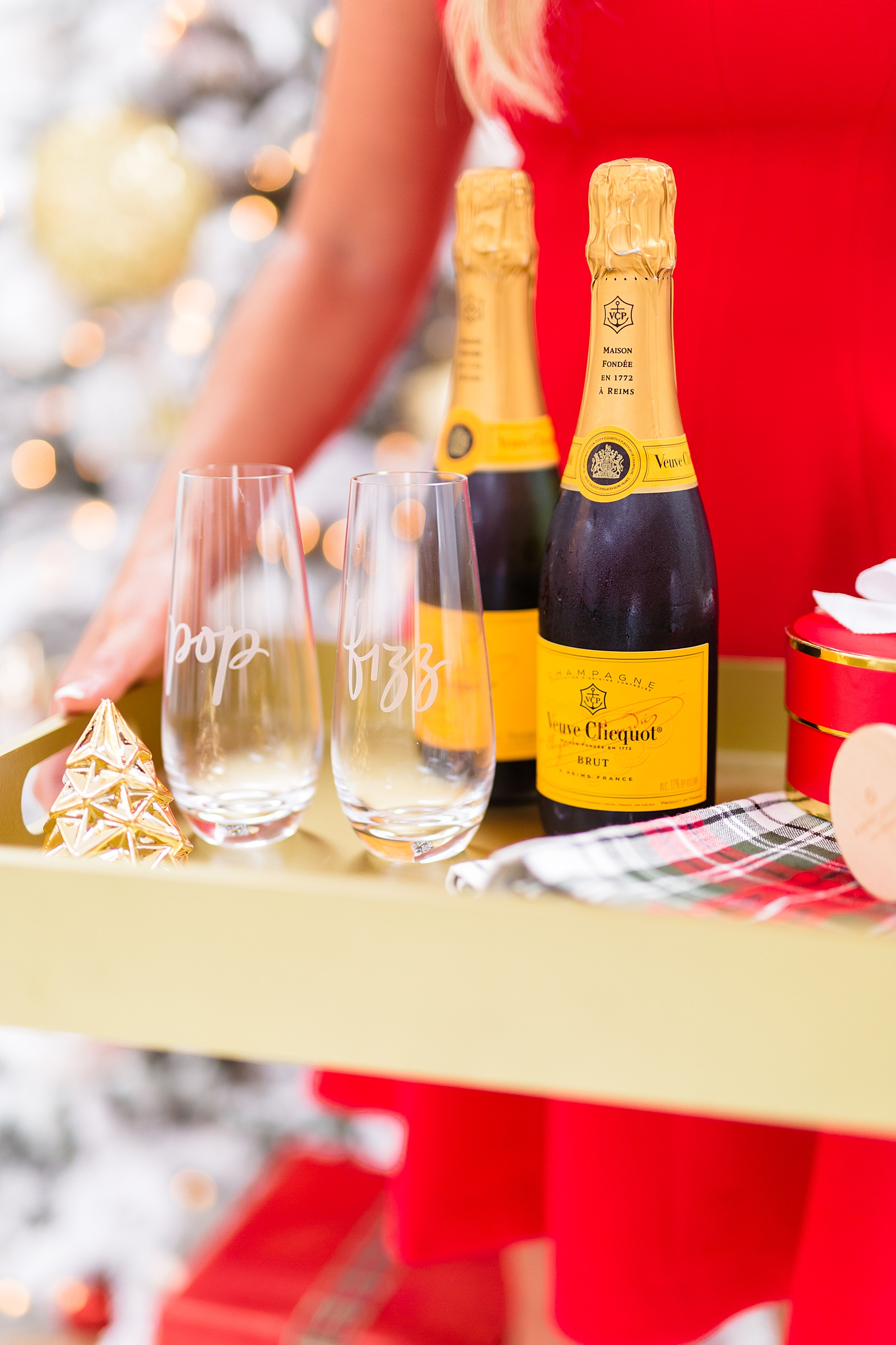 shop dandy Christmas, veuve clicquot, champagne, red and white Christams