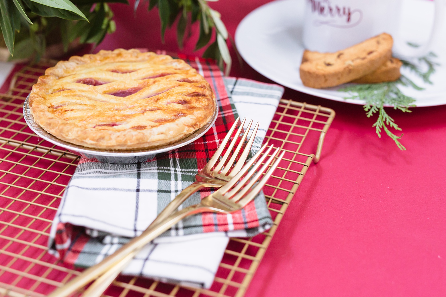 red white and green plaid Christams napkins, cherry pie
