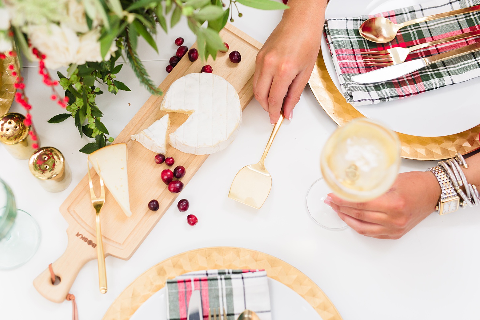 Christmas cheese board, holiday table, red white and gold dinner party
