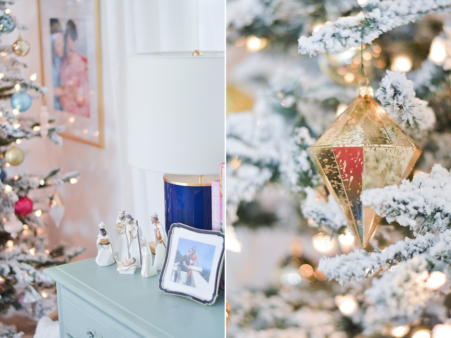 bright modern colorful Christmas Home Tour, nativity, gem stone ornament