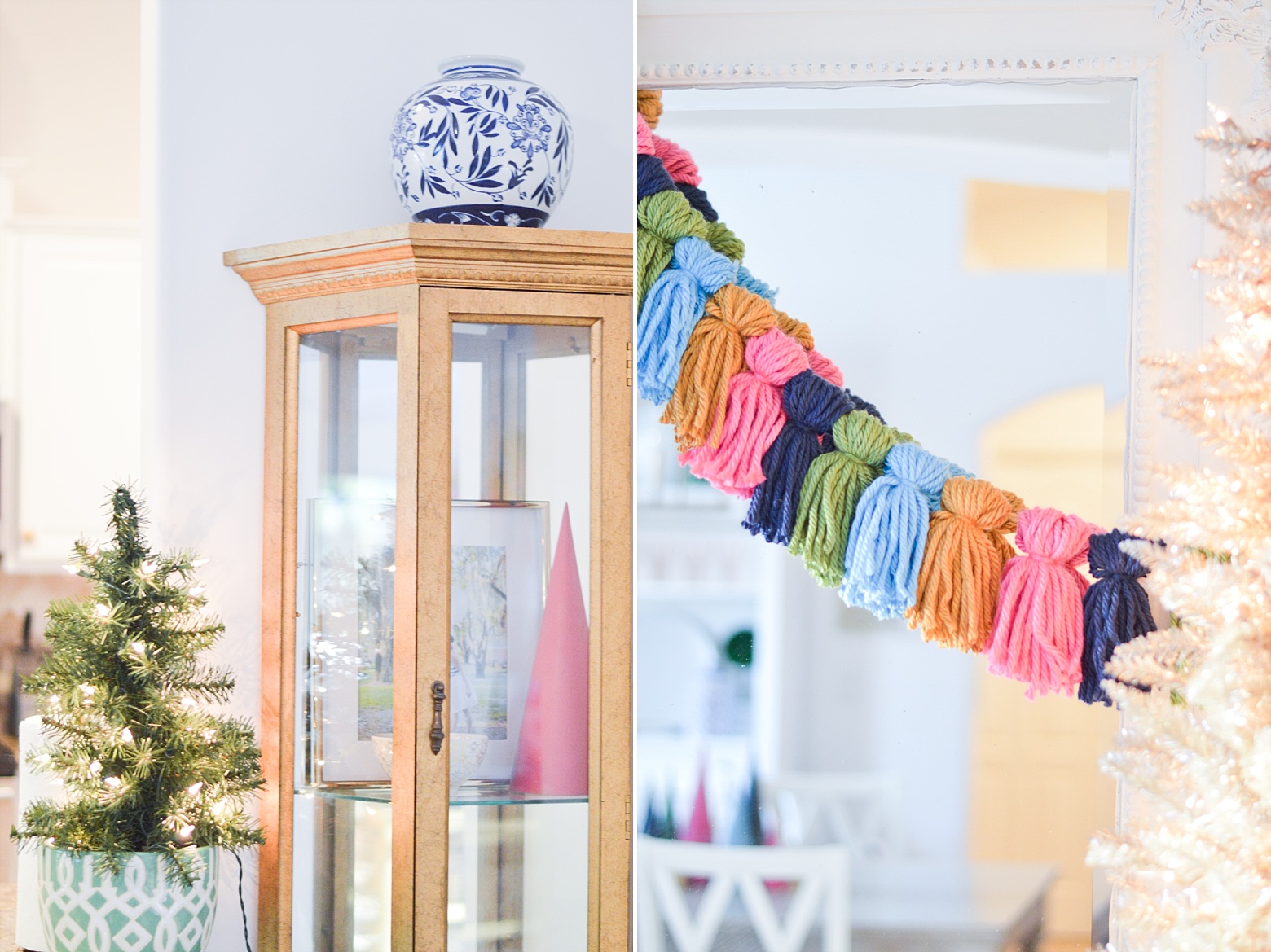 bright colorful tassel garland, yarn Christmas crafts, modern colorful Christmas home tour on Megan Martin Creative 