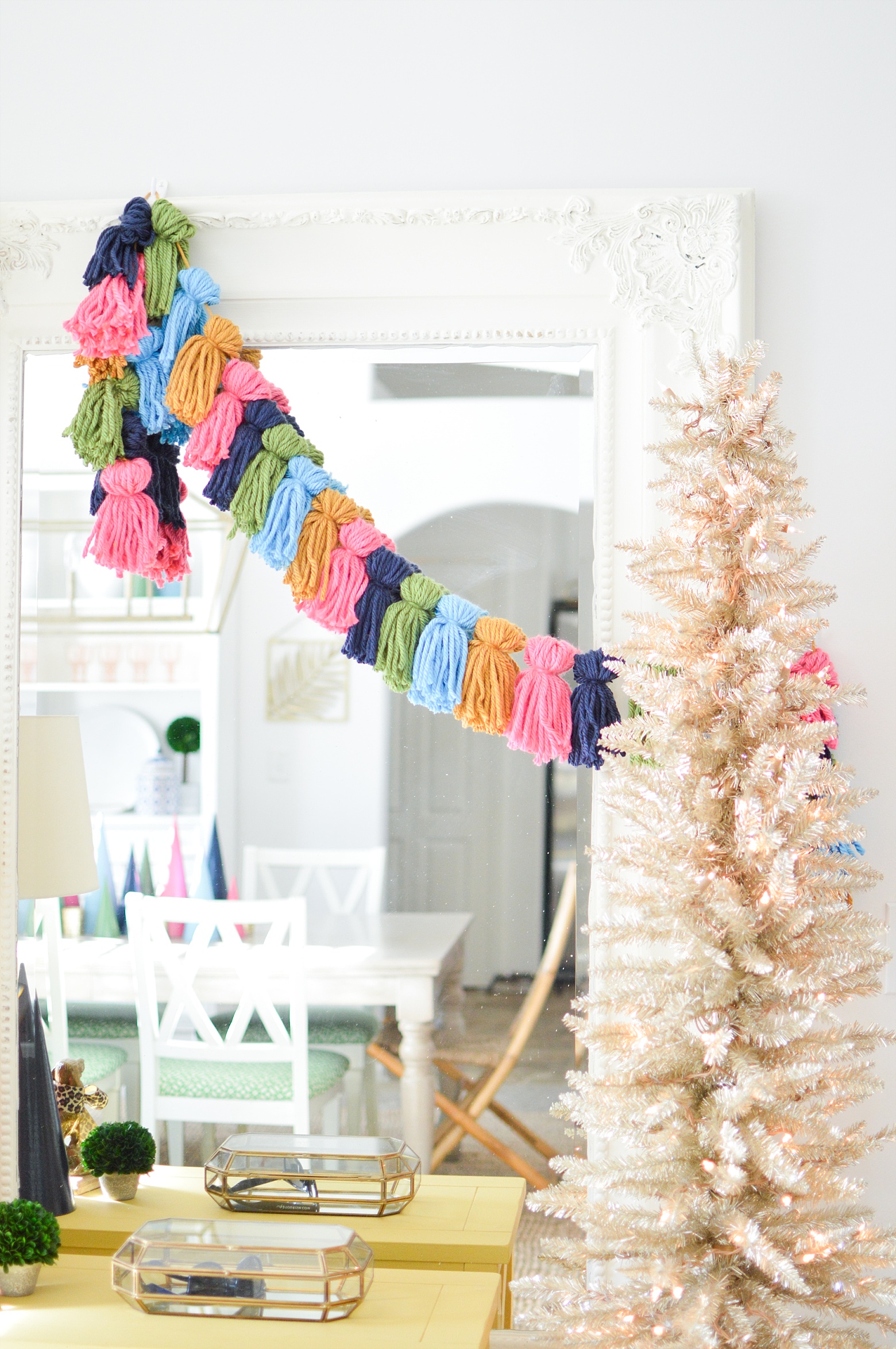 Modern Colorful Christmas, Bright holiday decorations, tassel garland, yarn crafts, gold Christmas tree, entry way, design by Megan Martin Creative 