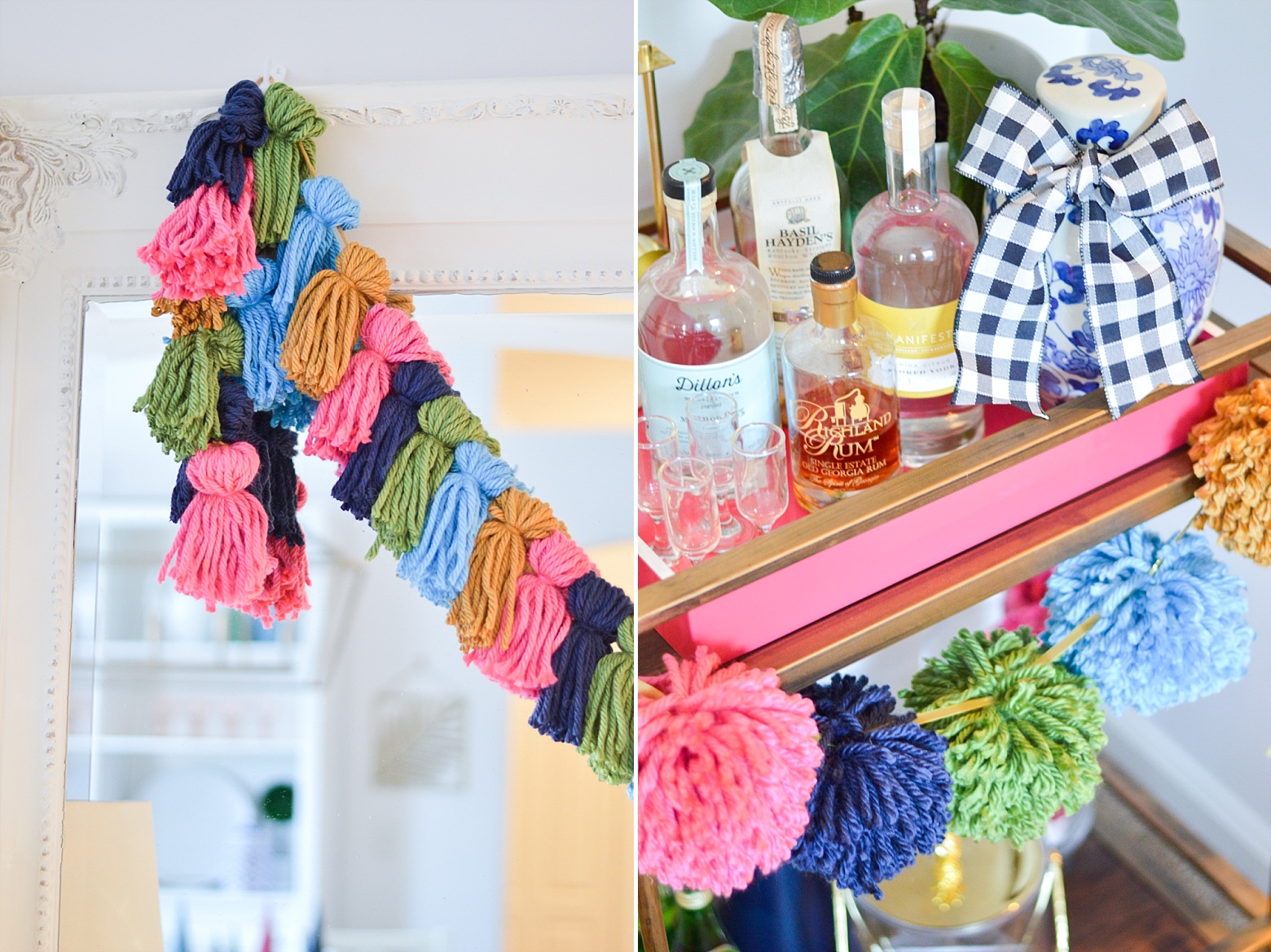DIY yarn tassel garland, pom pom garland, bright modern colorful Christmas by Megan Martin Creative