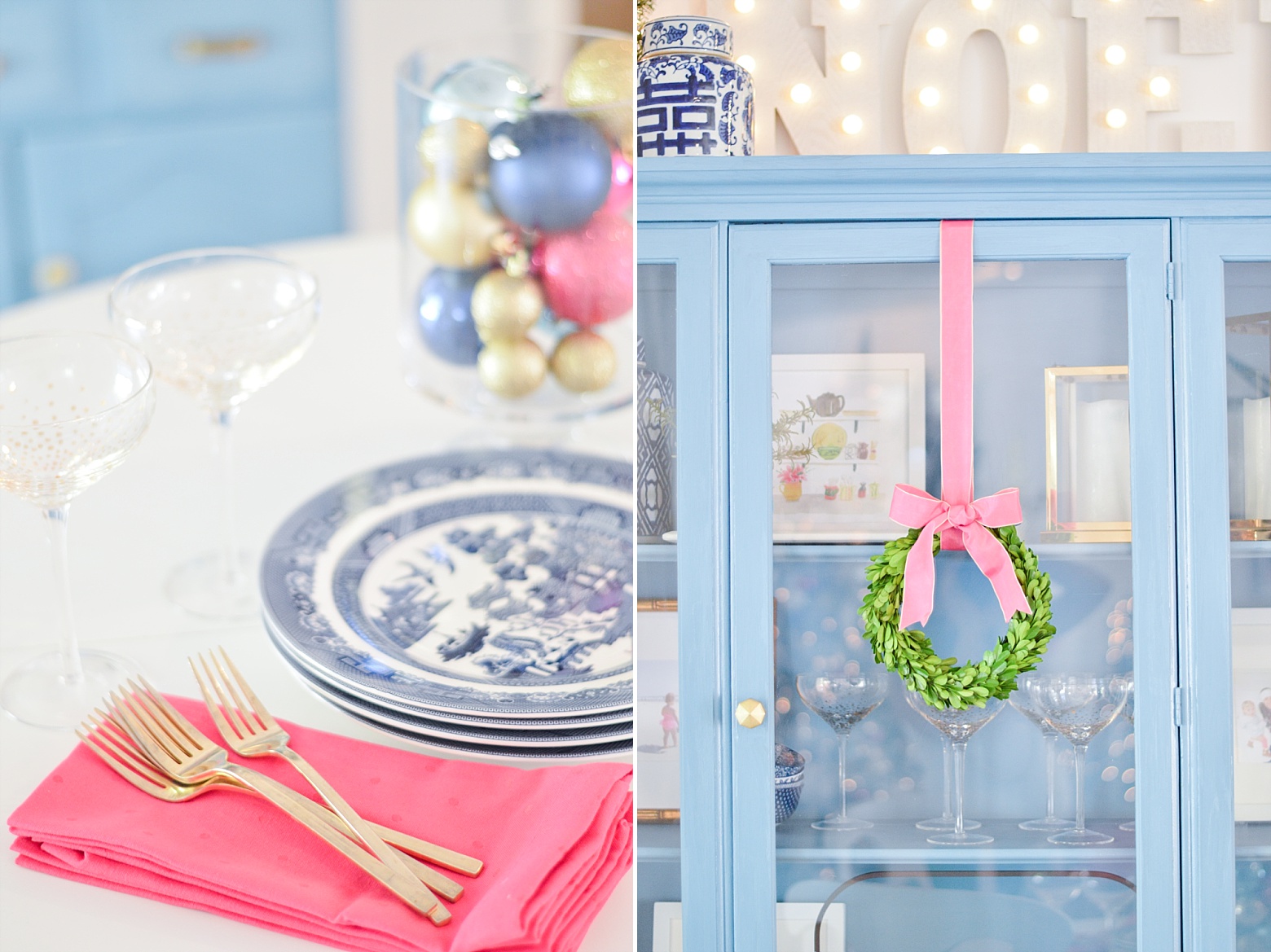 bright modern colorful Christmas kitchen design by Megan Martin Creative, blue hutch, boxwood wreath, chinoiserie Christmas, west elm gold flatware, pink ornaments