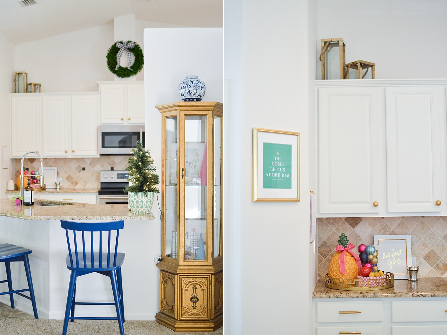 Modern Colorful Christmas Home Tour on Megan Martin Creative, kitchen holiday decor,boxwood wreath, chinoiserie chic, gold curio, navy barstools