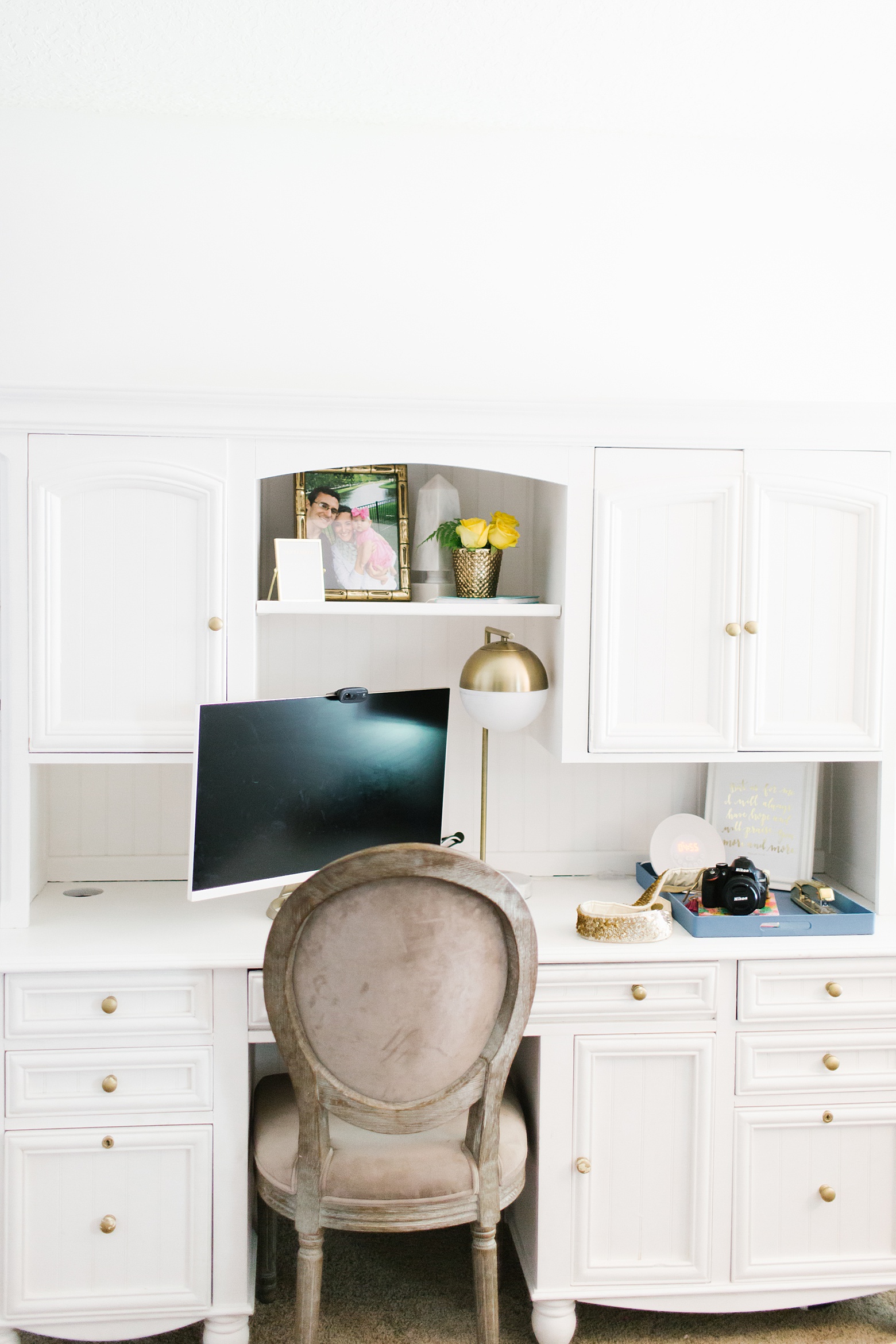 vintage white desk, gold task lamp, home office design, navy and pink masterbedroom design on Megan Martin Creative