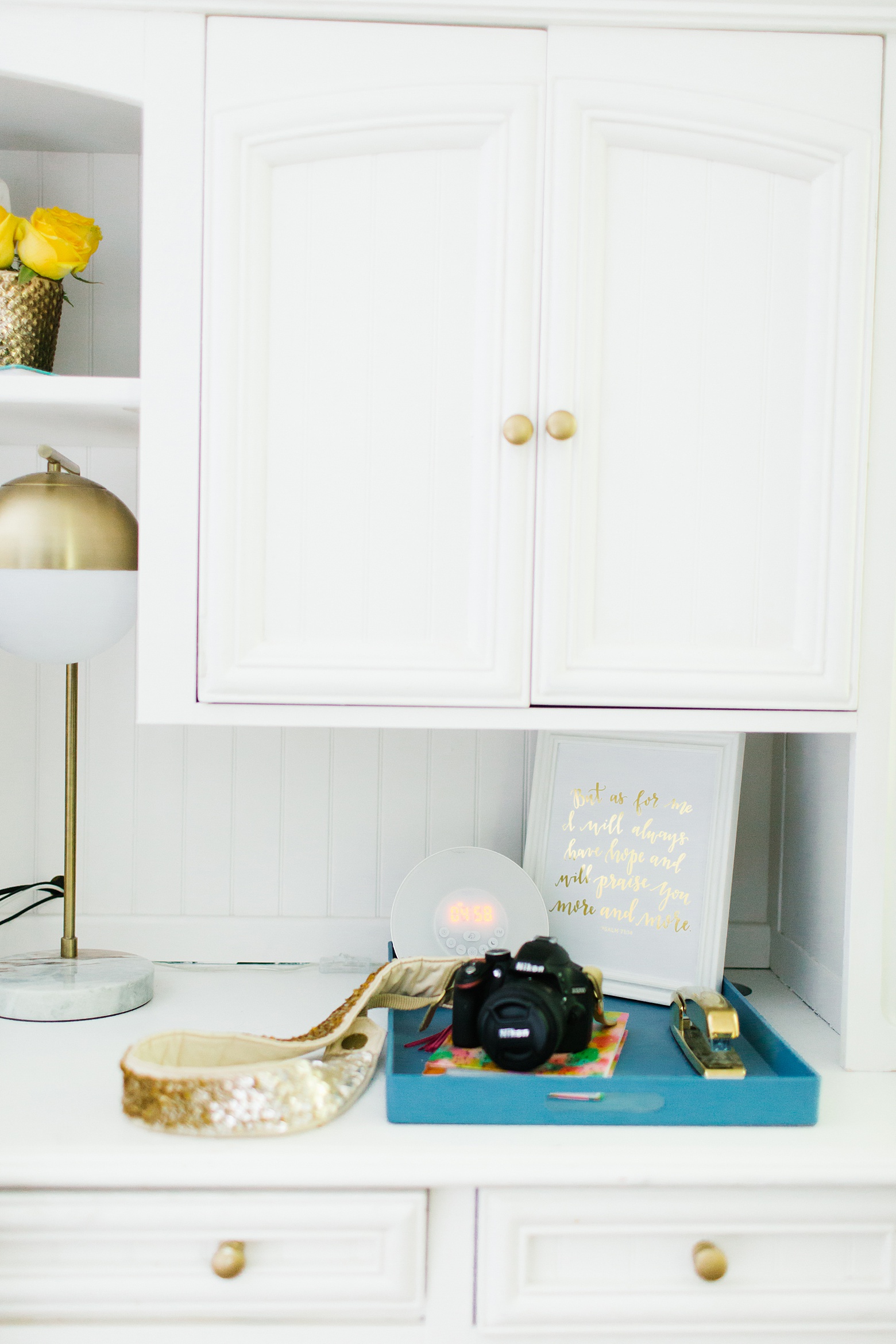 Home office decor, navy and pink master bedroom, white desk, gold lamp, colorful home, Megan Martin Creative