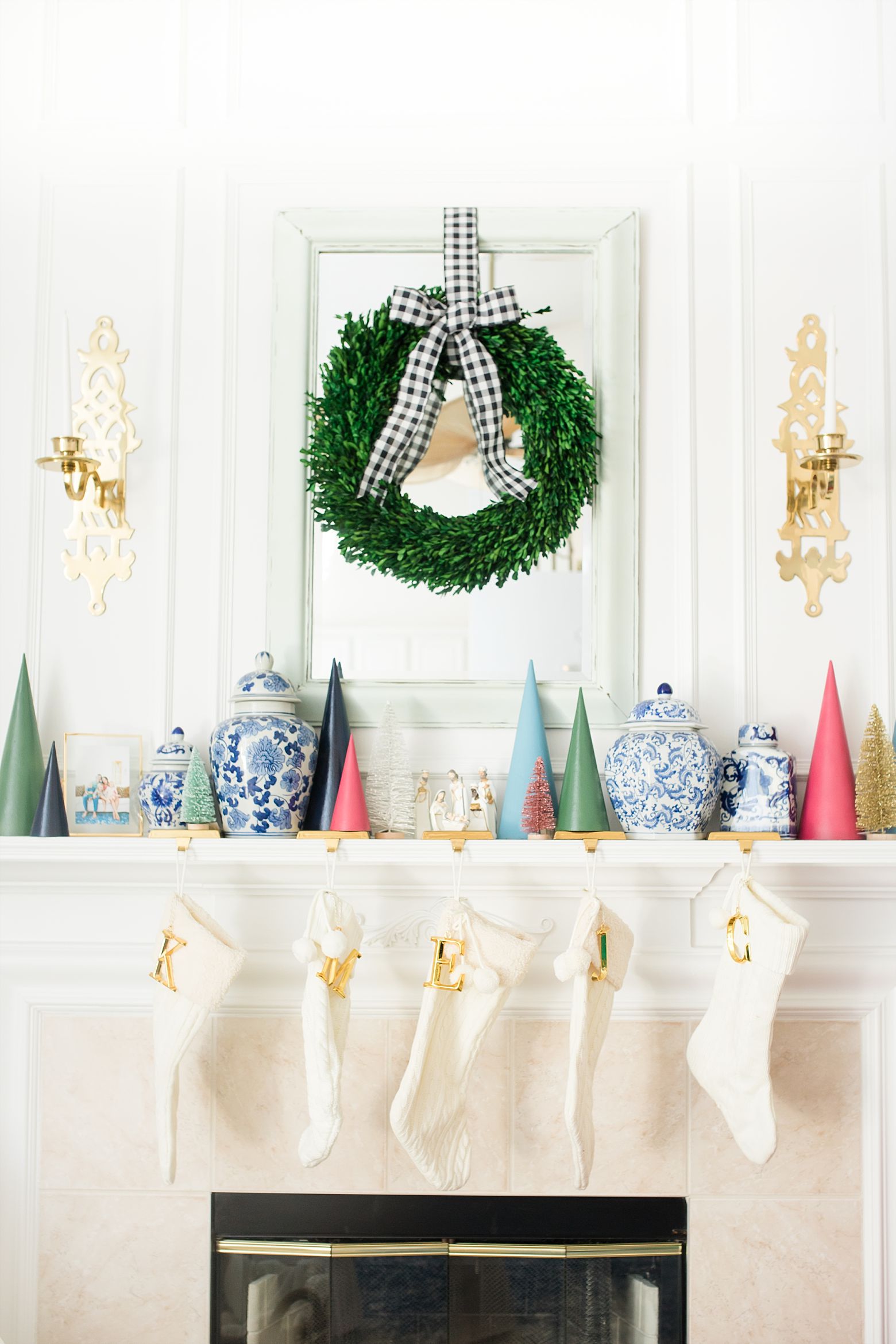 Colorful Christmas Mantel, White stockings, chinoiserie Christmas, blue and white jars