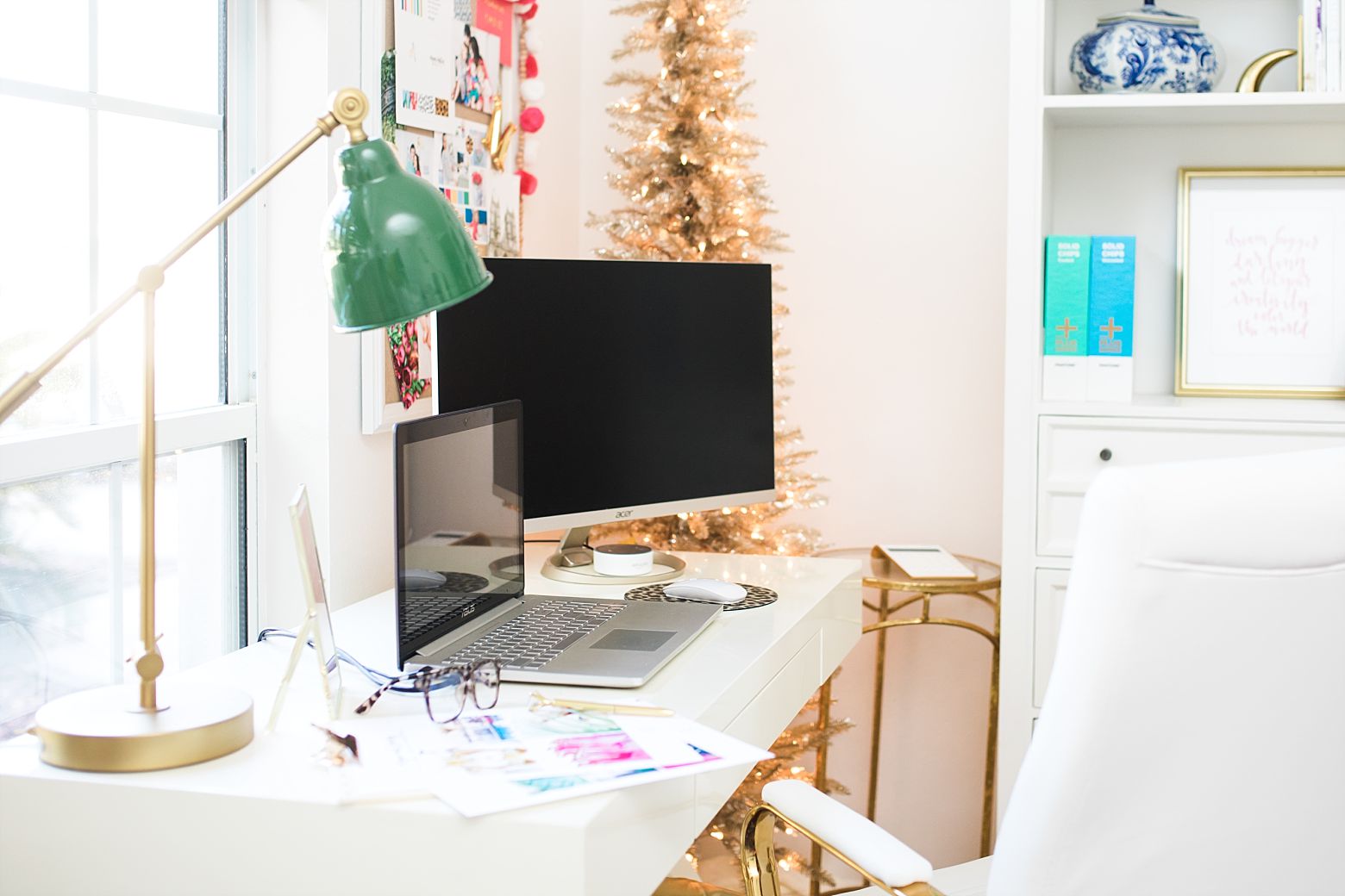 colorful home office desk, work space, Christmas office decorations
