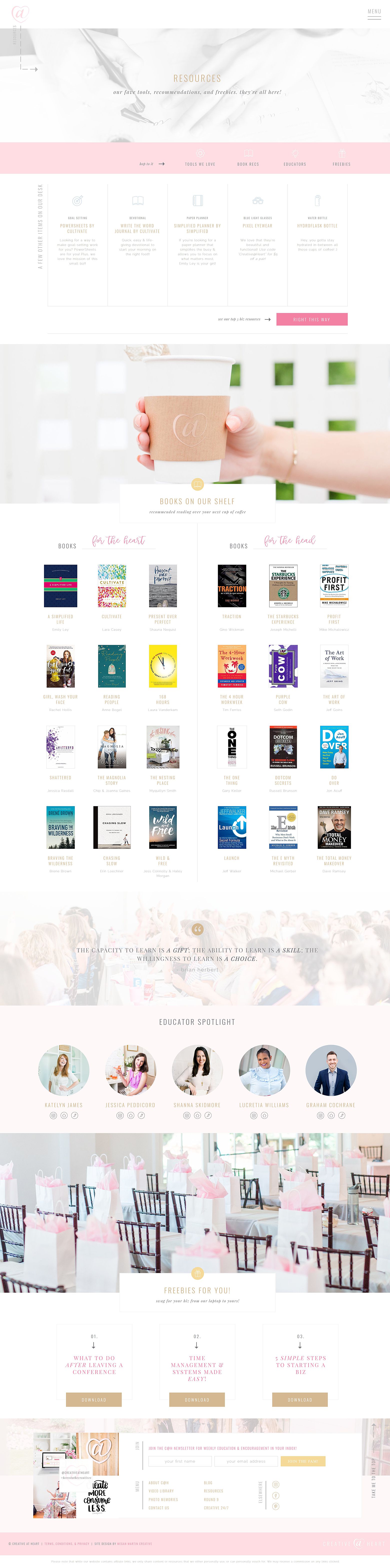 Creative at Heart Conference, showit website design, showit template, showit website template, showit 5, opt-in design, newsletter pop-up design, interact quiz, resources page design, our favorites, tools, books, business books