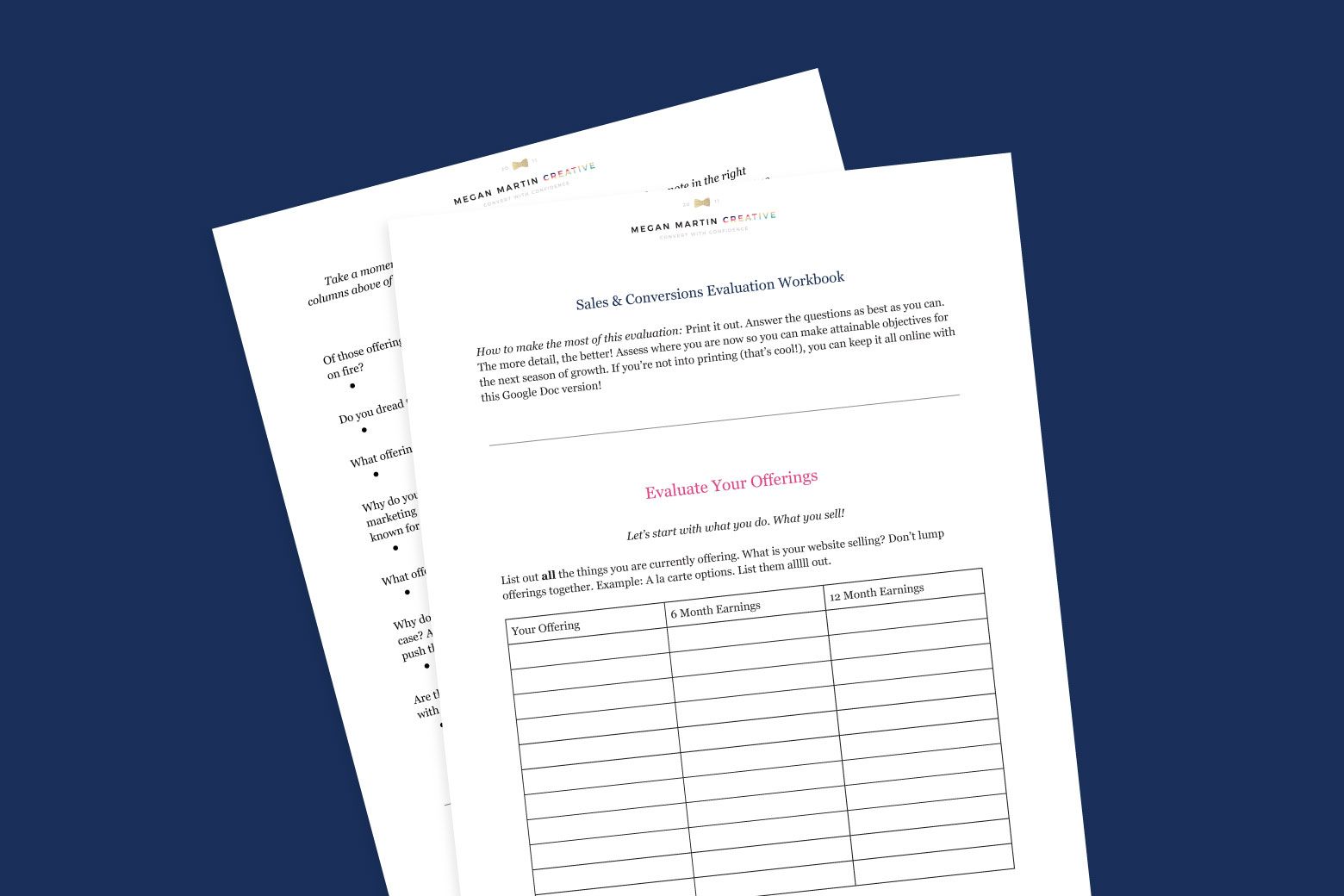 Sales and conversion evaluation by Megan Martin Creative - Evaluate your business with this 4-page Google Doc!