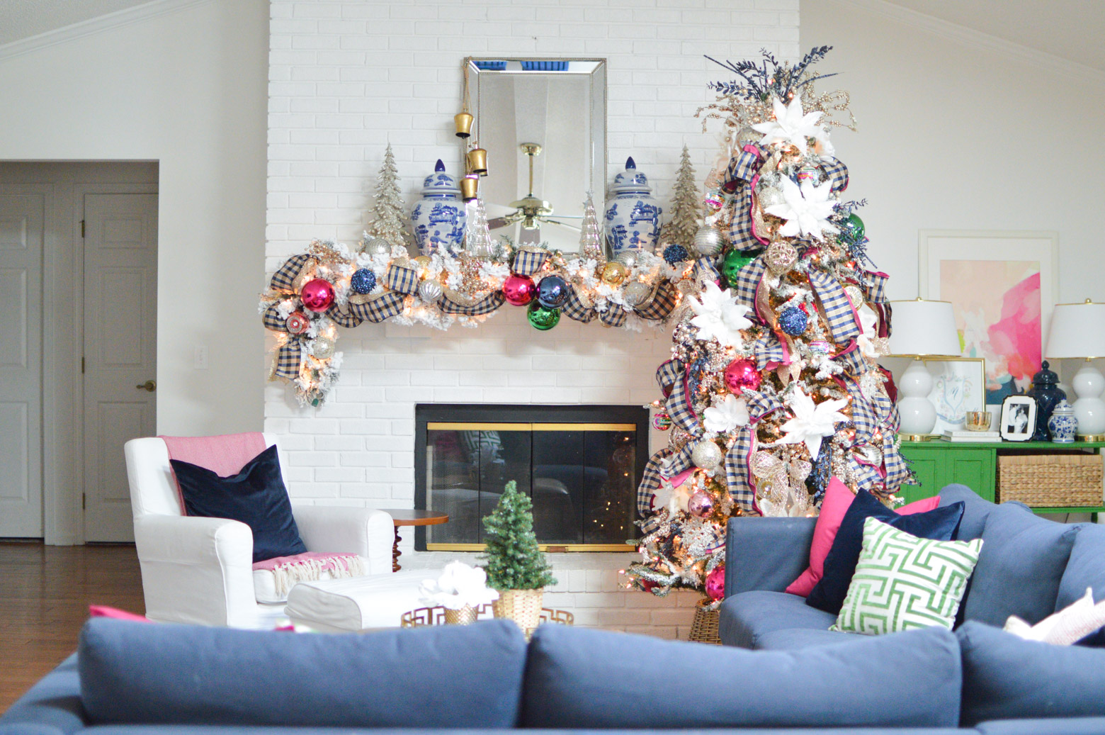 Navy, pink, and green Christmas Tree decorating ideas 